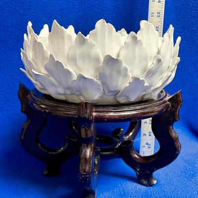 Ceramic White Lotus Candleholder w Spiky Artichoke-like Petals on Wood Pedestal