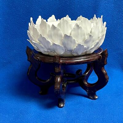 Ceramic White Lotus Candleholder w Spiky Artichoke-like Petals on Wood Pedestal