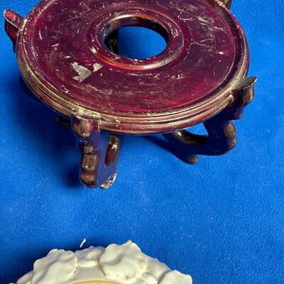 Ceramic White Lotus Candleholder w Spiky Artichoke-like Petals on Wood Pedestal