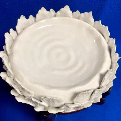 Ceramic White Lotus Candleholder w Spiky Artichoke-like Petals on Wood Pedestal