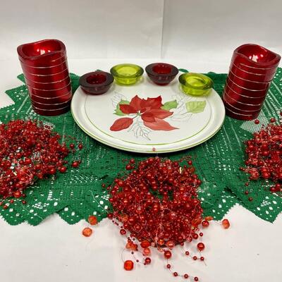 Ceramic Platter and other table decor - beads, electric candles, glass votive holders, 4 lightweight placemats