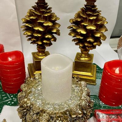 Traditional Christmas Decorations Lot - Red, Green, Gold - Acrylic Christmas Tree & Angels, Pinecone Candleholders, etc.