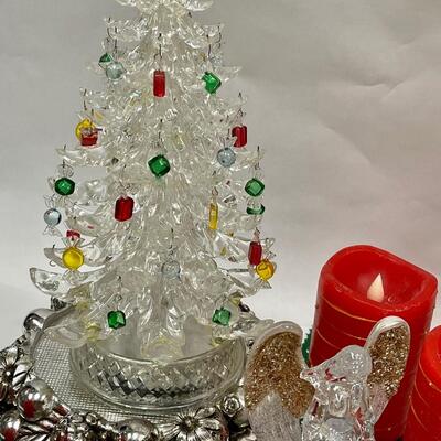 Traditional Christmas Decorations Lot - Red, Green, Gold - Acrylic Christmas Tree & Angels, Pinecone Candleholders, etc.