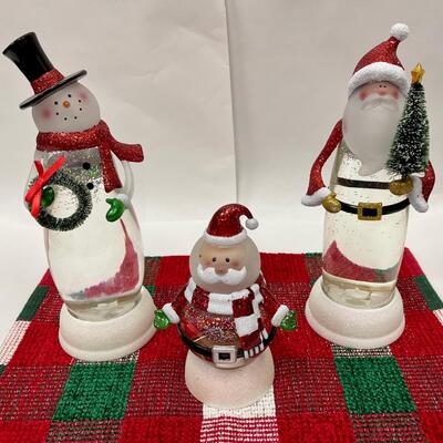 3 large acrylic snowglobe body figurines - Christmas Santas and Snowman
