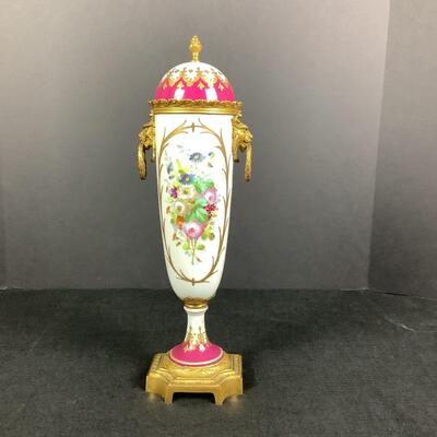 881 Antique French Serves Bronze Mounted Handpainted Porcelain Urn