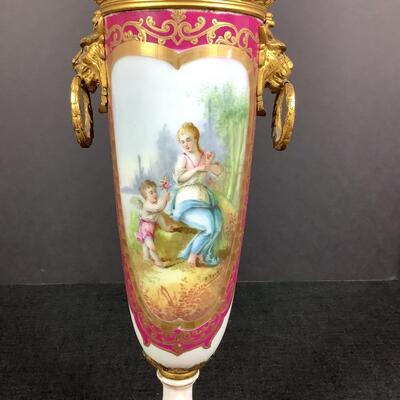 881 Antique French Serves Bronze Mounted Handpainted Porcelain Urn