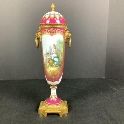 881 Antique French Serves Bronze Mounted Handpainted Porcelain Urn