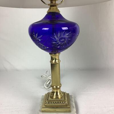 886 Pair of Antique Cobalt Blue Bohemian Cut Glass Marble Base Lamps