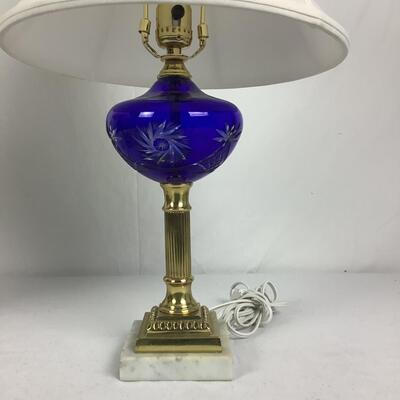 886 Pair of Antique Cobalt Blue Bohemian Cut Glass Marble Base Lamps