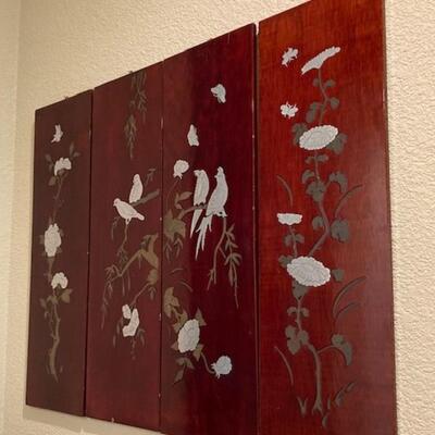 Asian Four Panel Wooden Art Piece With Birds & Flower Motif