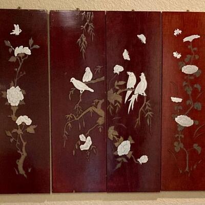 Asian Four Panel Wooden Art Piece With Birds & Flower Motif