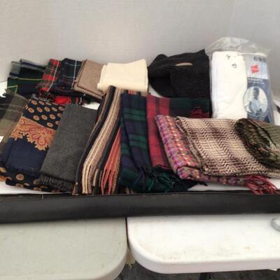 282 Assorted Mens Scarves, hats gloves and BDU Military Shirt (L) and Pants-ATB 30â€ Waist