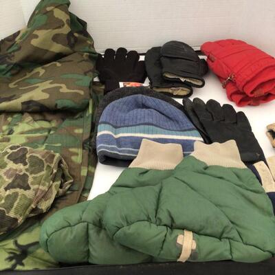 282 Assorted Mens Scarves, hats gloves and BDU Military Shirt (L) and Pants-ATB 30â€ Waist