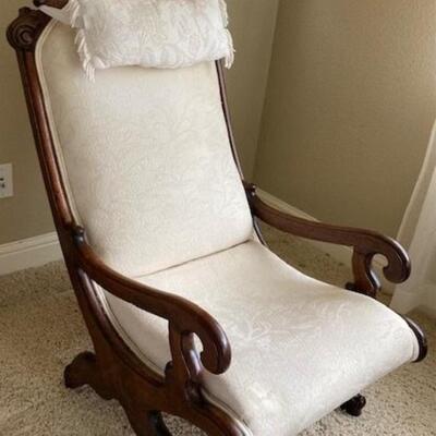 Antique Oak Chair With White Upholstery