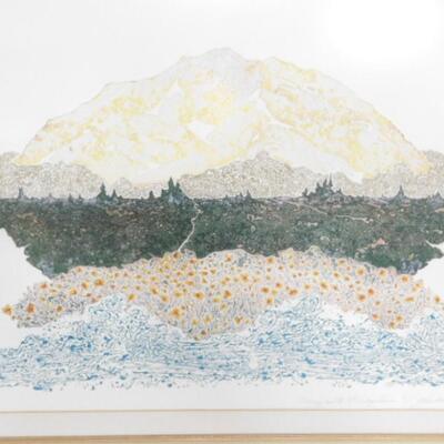 Framed Art Intaglio Viscosity Etching 'Morning and the McKinley River' by John Solem 13/15 with Gallery Documentation