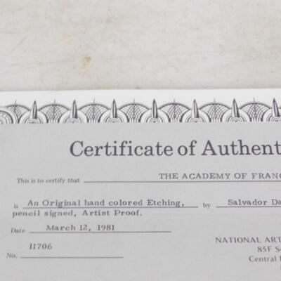 Framed Art Original Hand Etching Artist Proof Pencil Signed 'The Academy of France by Salvador Dali with COA
