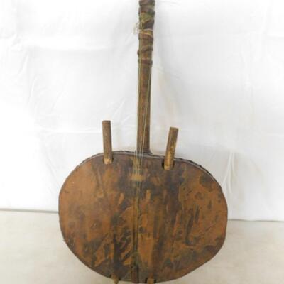 Authentic African Tribal Crafted Kora Musical Instrument with Animal Hide and Wood Design