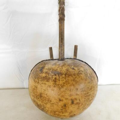 Authentic African Tribal Crafted Kora Musical Instrument with Animal Hide and Wood Design