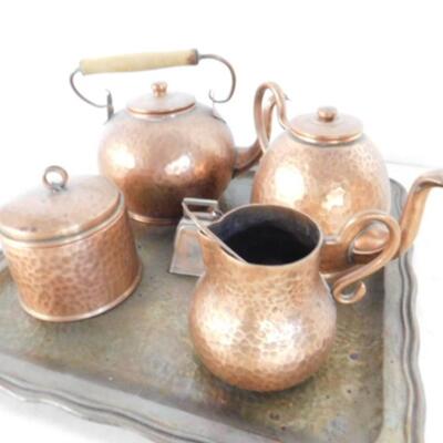 Hammered Copper Tea Service Set with Tray made in Chile