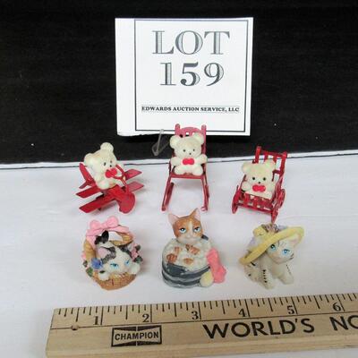6 Miniature Figures, 3 Flocked Bears on Metal and 3 Resin Cats