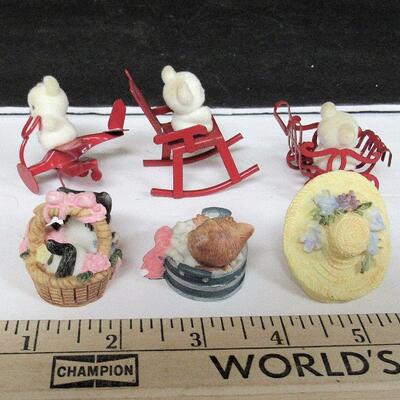 6 Miniature Figures, 3 Flocked Bears on Metal and 3 Resin Cats