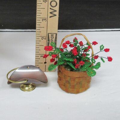 Miniature Copper Basket and Basket of Beaded Flowers