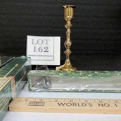 1986 Fancy Pewter Candle Snuffer, Brass Candlestick, 2 Boxes of Fireplace Matches