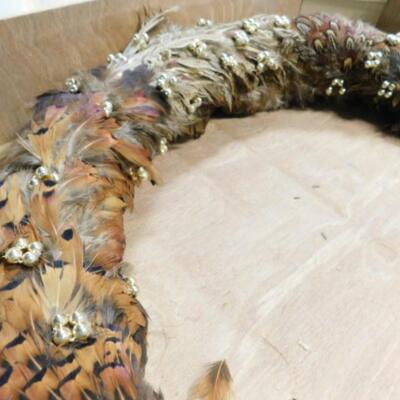Vintage Hand-Crafted Pheasant Feather Holiday Wreath in Wood Storage Box