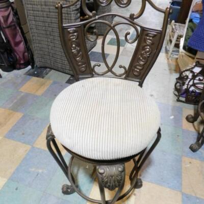 Set of Four Regency Bar Height Wrought Metal Patio Chairs with Cushion Seats (Match Patio Set in Previous Lot)