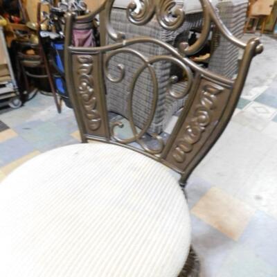 Set of Four Regency Bar Height Wrought Metal Patio Chairs with Cushion Seats (Match Patio Set in Previous Lot)