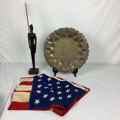 913 Vintage Brass Wall Hanging with Don Quijote carving and U.S. Flag