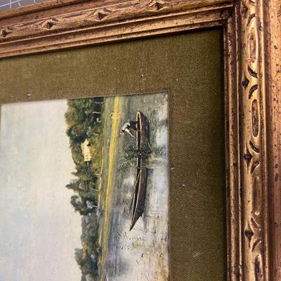 French Country Lake with Boat, Gold Frame with Green Matt 