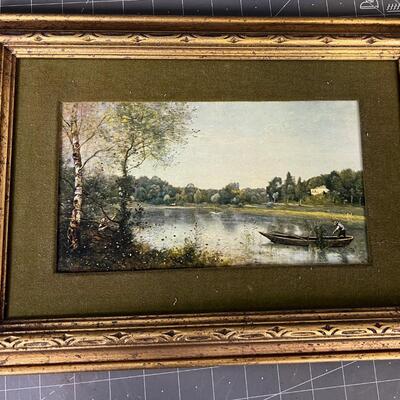 French Country Lake with Boat, Gold Frame with Green Matt 