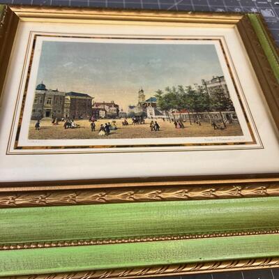 Colonial City Scene Green and Gold Frame 