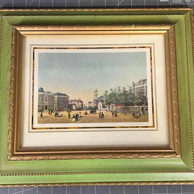 Colonial City Scene Green and Gold Frame 