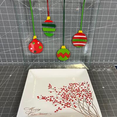 (2) Christmas Serving Trays Glass & Ceramic