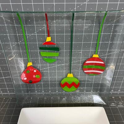 (2) Christmas Serving Trays Glass & Ceramic