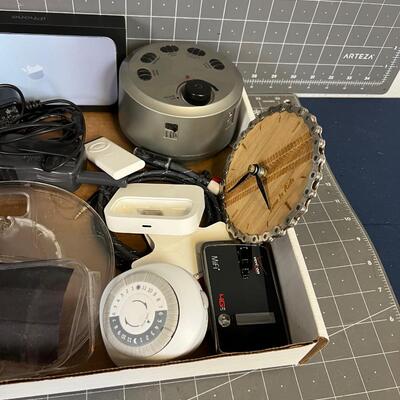 Tray of Electronics; MP3, Cables, Clock Sound Machine 