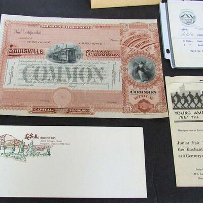Mixed Lot of Paper Goods, Stock Certificate, Uncanceled Stamps, LaSalle Envelope, More