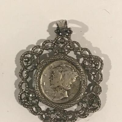 1935 S Silver Dime in a pendant holder