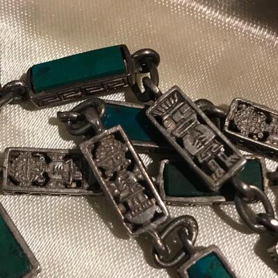 Mayan Malachite & Sterling Long Necklace & Clip on earrings 1960s