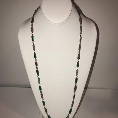 Mayan Malachite & Sterling Long Necklace & Clip on earrings 1960s