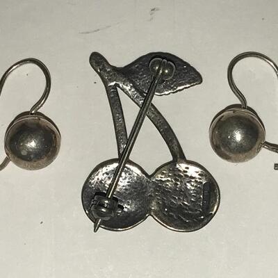 Sterling Cherries Pin  & Sterling Ball Earrings