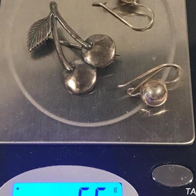 Sterling Cherries Pin  & Sterling Ball Earrings