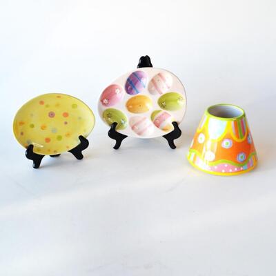 Spring / Easter Decor Lot of 3 - Colored Easter Egg Plate, Candy Dish and Jar Candle Shade