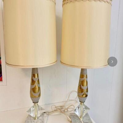 LOT 112  FANCY VINTAGE GOLD & FROSTED LUCITE ON MARBLE TABLE LAMPS GERMANY