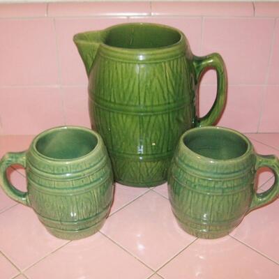 Lot 129 McCoy Green Pottery Beer  Pitcher + 2 Mugs