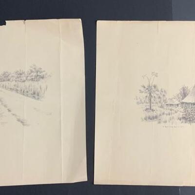 LOT:8G: Lot of 2 - Harold Bright 1942 Sketches 10x 7  (Total with  size is 14x11.5)