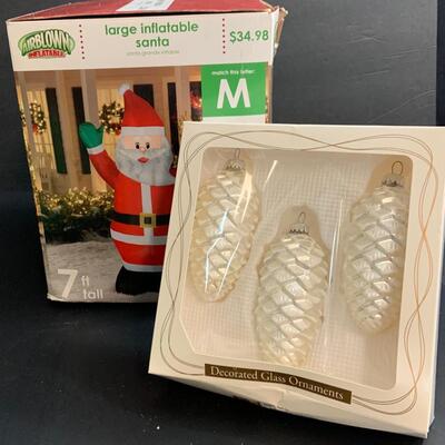 LOT:14G: 7â€™ Inflatable Santa and Pinecone Ornaments