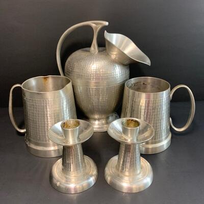 LOT 53R: Selangor Pewter Collection: Pitcher, Candlesticks & More